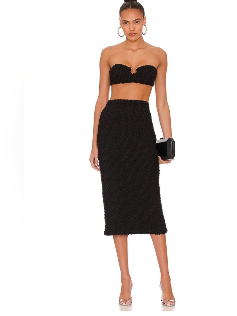 NBD Black Textured Strapless Midi Skirt Set